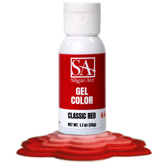 Classic Red gel food coloring, 1.1 oz bottle, The Sugar Art, on icing swatches from pale pink to deep red