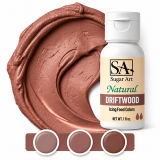 Driftwood natural color bottle with icing swatch and light, medium and dark tones