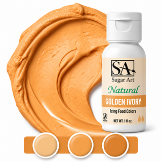 Golden Ivory natural color bottle with icing swatch and light, medium and dark tones