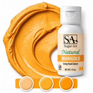 Marigold natural color bottle with icing swatch and light, medium and dark tones