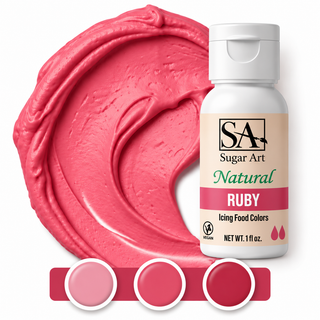 Ruby natural color bottle with icing swatch and light, medium and dark tones