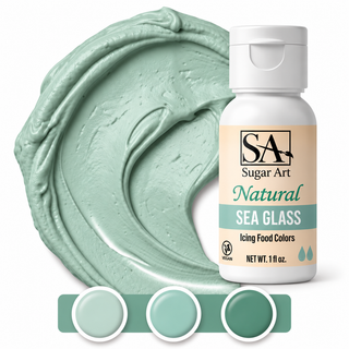 Sea Glass natural color bottle with icing swatch and light, medium and dark tones