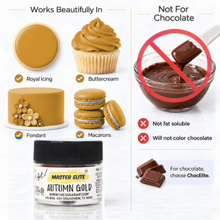 Master Elite Autumn Gold food color works in icing and is not for chocolate