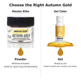 Master Elite Autumn Gold powder and gel food color comparison