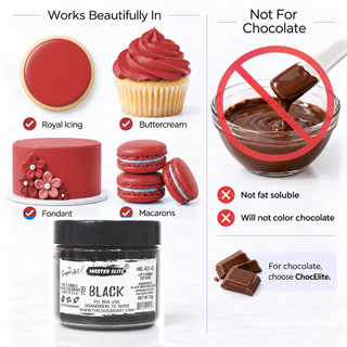 Master Elite Black food color works in icing and is not for chocolate