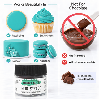 Master Elite Blue Spruce food color works in icing and is not for chocolate