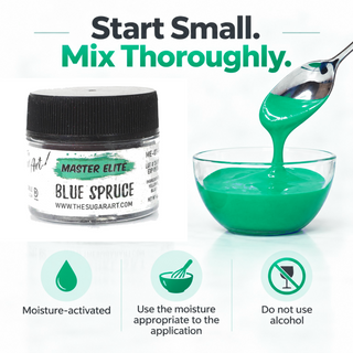 Master Elite Blue Spruce food color critical rule: start small and mix thoroughly