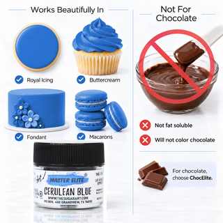 Master Elite Cerulean Blue food color works in icing and is not for chocolate