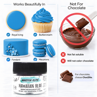 Master Elite Hawaiian Blue food color works in icing and is not for chocolate
