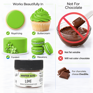 Master Elite Lime food color works in icing and is not for chocolate