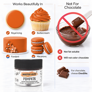 Master Elite Pumpkin food color works in icing and is not for chocolate