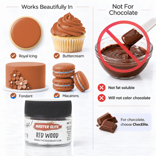 Master Elite Red Wood food color works in icing and is not for chocolate