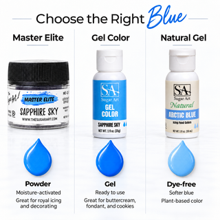 Master Elite Sapphire Sky, Gel Color, and Arctic Natural Food Color comparison