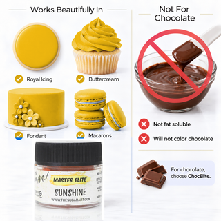 Master Elite Sunshine food color works in icing and is not for chocolate