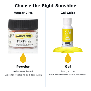 Master Elite Sunshine powder and gel food color comparison