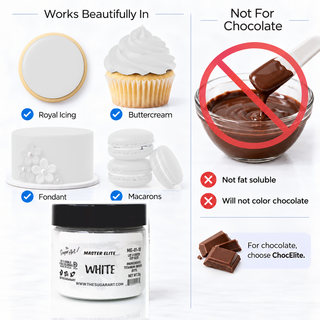 Master Elite White food color works in icing and is not for chocolate