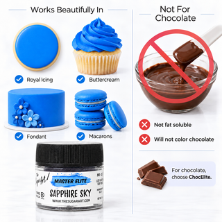 Master Elite Sapphire Sky food color works in icing and is not for chocolate